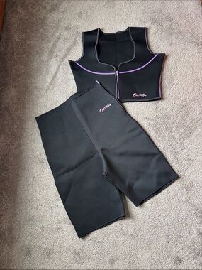 Curves Black Neoprene Sauna Suit Set Size XL Zip Up Workout Vest Shorts Fitness